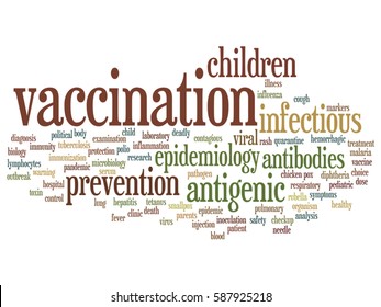 Concepto vectorial o vacunación infantil conceptual o nube de palabras abstractas de prevención viral aislada en metáfora de fondo a antigénicos infecciosos, anticuerpos, epidemiología, inmunización o inoculación