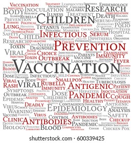 Concepto vectorial o vacunación infantil conceptual o nube de palabras cuadradas de prevención viral aislada en metáfora de fondo a antigénicos infecciosos, anticuerpos, epidemiología, inmunización o inoculación