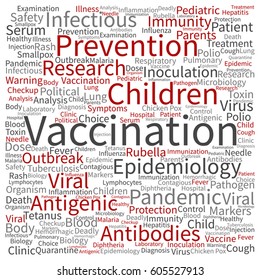 Vector concept or conceptual children vaccination or viral prevention square word cloud isolated on background metaphor to infectious antigenic, antibodies, epidemiology, immunization or inoculation