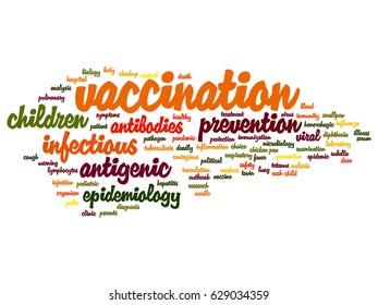 Vector concept or conceptual children vaccination or viral prevention abstract word cloud isolated on background