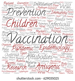 Vector concept or conceptual children vaccination or viral prevention square word cloud isolated on background