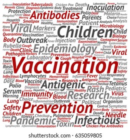Concepto vectorial o niños conceptuales de vacunación de prevención viral nubes de palabras cuadradas fondo aislado. Collage de anticuerpos antigripales infecciosos, inmunización epidemiológica o texto de inoculación