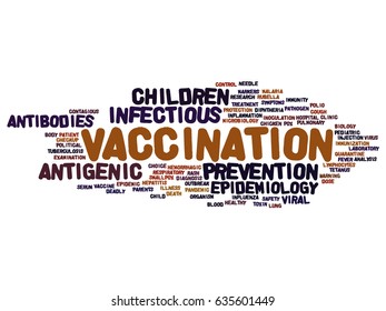 Concepto vectorial o niños conceptuales vacunar la prevención viral nube de palabras abstracta fondo aislado. Collage de antigénicos infecciosos, anticuerpos, inmunización epidemiológica o texto de inoculación