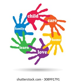 Vector concept or conceptual circle of colorful hand print word cloud text made by children isolated, white background for paint, handprint, symbol, people, identity, together, friendship, play or fun