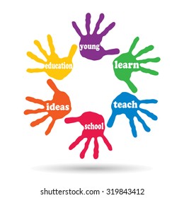 Vector concept or conceptual circle of colorful hand print word cloud text made by children isolated, white background for paint, handprint, symbol, people, identity, together, friendship, play or fun