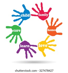 Vector concept or conceptual circle of colorful hand print word cloud text made by children isolated, white background for paint, handprint, symbol, people, identity, together, friendship, play or fun