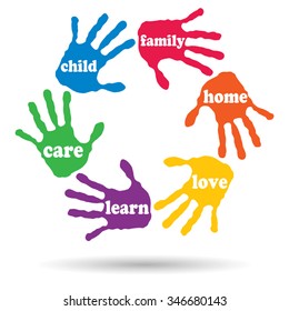 Vector concept or conceptual circle of colorful hand print word cloud text made by children isolated, white background for paint, handprint, symbol, people, identity, together, friendship, play or fun