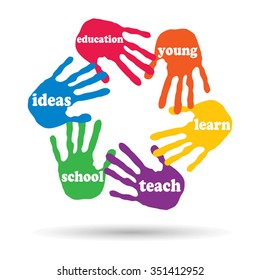 Vector concept or conceptual circle of colorful hand print word cloud text made by children isolated, white background for paint, handprint, symbol, people, identity, together, friendship, play or fun