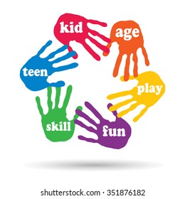 Vector concept or conceptual circle of colorful hand print word cloud text made by children isolated, white background for paint, handprint, symbol, people, identity, together, friendship, play or fun