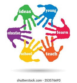 Vector concept or conceptual circle of colorful hand print word cloud text made by children isolated, white background for paint, handprint, symbol, people, identity, together, friendship, play or fun