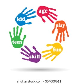 Vector concept or conceptual circle of colorful hand print word cloud text made by children isolated, white background for paint, handprint, symbol, people, identity, together, friendship, play or fun