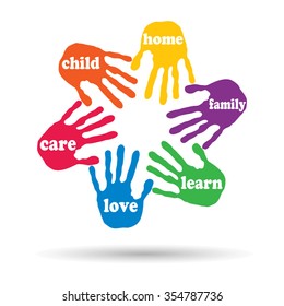 Vector concept or conceptual circle of colorful hand print word cloud text made by children isolated, white background for paint, handprint, symbol, people, identity, together, friendship, play or fun