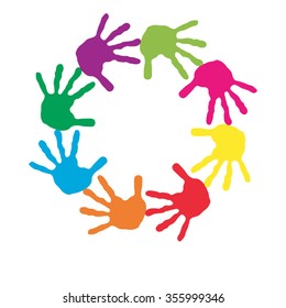 Vector concept or conceptual circle of colorful hand print word cloud text made by children isolated, white background for paint, handprint, symbol, people, identity, together, friendship, play or fun
