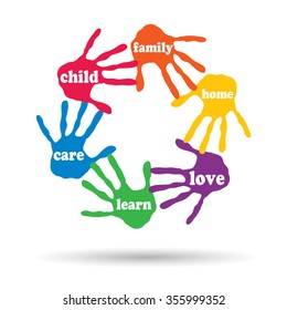 Vector concept or conceptual circle of colorful hand print word cloud text made by children isolated, white background for paint, handprint, symbol, people, identity, together, friendship, play or fun