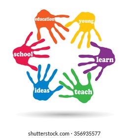 Vektorkonzept oder konzeptioneller Kreis von bunten, handgeschriebenen Texten mit Schlagwörtern, die von Kindern einzeln, weißer Hintergrund für Farbe, Handdruck, Symbol, Menschen, Identität, zusammen, Freundschaft, Spiel oder Spaß gemacht werden
