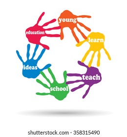 Vector concept or conceptual circle of colorful hand print word cloud text made by children isolated, white background for paint, handprint, symbol, people, identity, together, friendship, play or fun