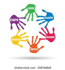 Vector concept or conceptual circle of colorful hand print word cloud text made by children isolated, white background for paint, handprint, symbol, people, identity, together, friendship, play or fun