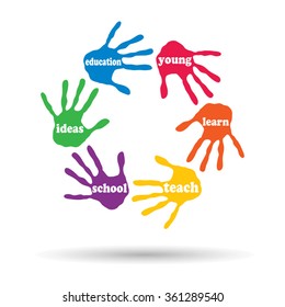Vector concept or conceptual circle of colorful hand print word cloud text made by children isolated, white background for paint, handprint, symbol, people, identity, together, friendship, play or fun