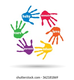 Vector concept or conceptual circle of colorful hand print word cloud text made by children isolated, white background for paint, handprint, symbol, people, identity, together, friendship, play or fun