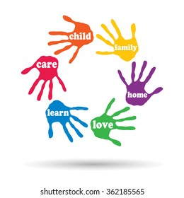 Vector concept or conceptual circle of colorful hand print word cloud text made by children isolated, white background for paint, handprint, symbol, people, identity, together, friendship, play or fun