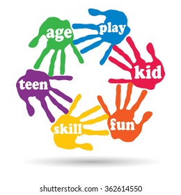 Vector concept or conceptual circle of colorful hand print word cloud text made by children isolated, white background for paint, handprint, symbol, people, identity, together, friendship, play or fun