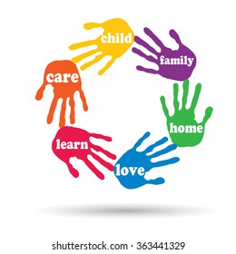 Vector concept or conceptual circle of colorful hand print word cloud text made by children isolated, white background for paint, handprint, symbol, people, identity, together, friendship, play or fun