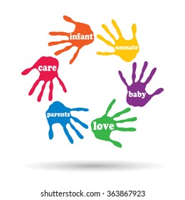 Vector concept or conceptual circle of colorful hand print word cloud text made by children isolated, white background for paint, handprint, symbol, people, identity, together, friendship, play or fun