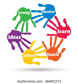 Vector concept or conceptual circle of colorful hand print word cloud text made by children isolated, white background for paint, handprint, symbol, people, identity, together, friendship, play or fun
