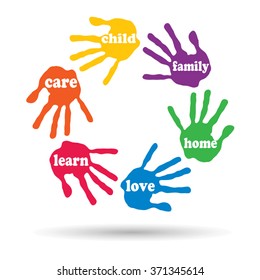 Vector concept or conceptual circle of colorful hand print word cloud text made by children isolated, white background for paint, handprint, symbol, people, identity, together, friendship, play or fun