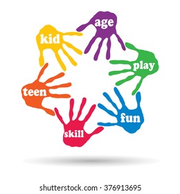 Vector concept or conceptual circle of colorful hand print word cloud text made by children isolated, white background for paint, handprint, symbol, people, identity, together, friendship, play or fun