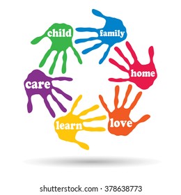 Vector concept or conceptual circle of colorful hand print word cloud text made by children isolated, white background for paint, handprint, symbol, people, identity, together, friendship, play or fun