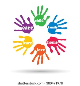 Vector concept or conceptual circle of colorful hand print word cloud text made by children isolated, white background for paint, handprint, symbol, people, identity, together, friendship, play or fun