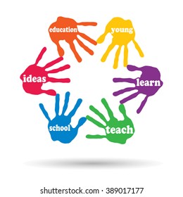 Vector concept or conceptual circle of colorful hand print word cloud text made by children isolated, white background for paint, handprint, symbol, people, identity, together, friendship, play or fun