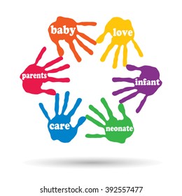 Vector concept or conceptual circle of colorful hand print word cloud text made by children isolated, white background