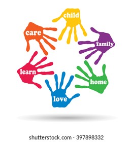Vector concept or conceptual circle of colorful hand print word cloud text made by children isolated, white background for paint, handprint, symbol, people, identity, together, friendship, play or fun