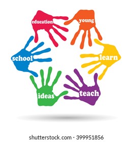 Vector concept or conceptual circle of colorful hand print word cloud text made by children isolated, white background for paint, handprint, symbol, people, identity, together, friendship, play or fun