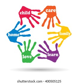 Vector concept or conceptual circle of colorful hand print word cloud text made by children isolated, white background for paint, handprint, symbol, people, identity, together, friendship, play or fun
