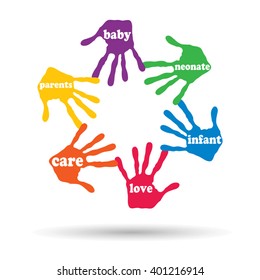 Vektorkonzept oder konzeptioneller Kreis von bunten, handgeschriebenen Texten mit Schlagwörtern, die von Kindern einzeln, weißer Hintergrund für Farbe, Handdruck, Symbol, Menschen, Identität, zusammen, Freundschaft, Spiel oder Spaß gemacht werden