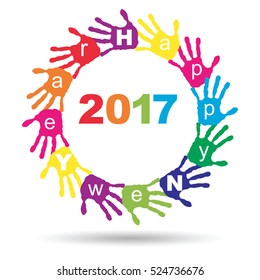 Concepto vectorial o círculo conceptual de colorido texto en la nube de palabras de la mano para Feliz Año Nuevo 2017 saludo aislado en fondo blanco para celebración, vacaciones, fiesta o evento de vísperas