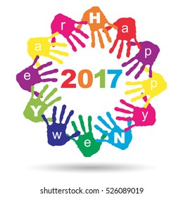 Vector concept or conceptual circle of colorful hand print word cloud text made by children for Happy New Year 2017 greeting isolated on white background for celebration, holiday, party or eve event