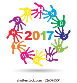 Vector concept or conceptual circle of colorful hand print word cloud text made by children for Happy New Year 2017 greeting isolated on white background for celebration, holiday, party or eve event