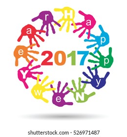 Vector concept or conceptual circle of colorful hand print word cloud text made by children for Happy New Year 2017 greeting isolated on white background for celebration, holiday, party or eve event
