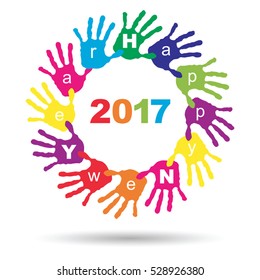 Vector concept or conceptual circle of colorful hand print word cloud text made by children for Happy New Year 2017 greeting isolated on white background for celebration, holiday, party or eve event