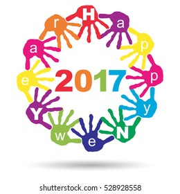 Concepto vectorial o círculo conceptual de colorido texto en la nube de palabras de la mano para Feliz Año Nuevo 2017 saludo aislado en fondo blanco para celebración, vacaciones, fiesta o evento de vísperas