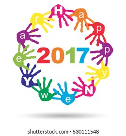 Vector concept or conceptual circle of colorful hand print word cloud text made by children for Happy New Year 2017 greeting isolated on white background for celebration, holiday, party or eve event