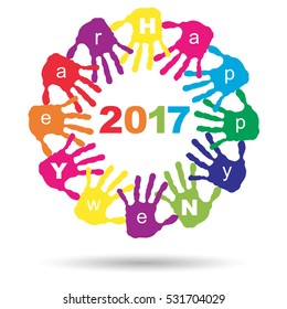 Vektorkonzept oder konzeptioneller Kreis von bunten Handdruck- oder Handdrucktexten von Kindern für ein glückliches Neujahr 2017, einzeln auf weißem Hintergrund für Feiern, Feiertage, Feiern oder sogar Veranstaltungen