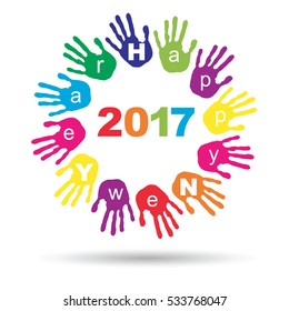 Vector concept or conceptual circle of colorful hand print or handprint text made by children for Happy New Year 2017 greeting isolated on white background for celebration, holiday, party or eve event