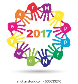 Vector concept or conceptual circle of colorful hand print or handprint text made by children for Happy New Year 2017 greeting isolated on white background for celebration, holiday, party or eve event