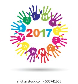 Vector concept or conceptual circle of colorful hand print or handprint text made by children for Happy New Year 2017 greeting isolated on white background for celebration, holiday, party or eve event
