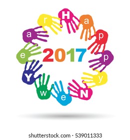 Vector concept or conceptual circle of colorful hand print or handprint text made by children for Happy New Year 2017 greeting isolated on white background for celebration, holiday, party or eve event